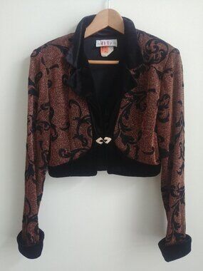 Vintage black velvet collar and cuffs copper sparkle cropped jacket cardigan